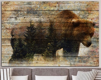 Grizzly Bear Print on Canvas Wild Nature Wall Art Bear Silhouette Poster Wall Hanging Decor Wild Animal Print for Living Room Decor