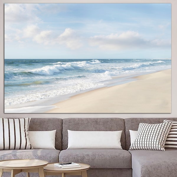 Ocean Beach Print on Canvas Coastal Poster Multi Panel Wall Art Sea Beach Photo Poster Neutral Wall Art for Sea Beach Wall Decor