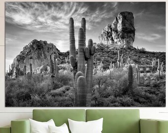 Large Arizona Desert Print on Canvas Black and White Wall Art Arizona Landscape Poster Cactus Art Print Multi Panel Wall Art