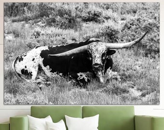 Longhorn Print on Canvas Black And White Print Bull Photo Monochrome Poster Animal Multi Panel Print for Western Home Wall Hanging Decor