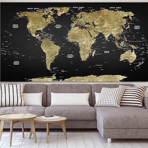 Classic World Map Wall Art Golden Map Of The World Print On Black Canvas Art Wanderlust Map Multi Panel Print for Living Room Wall Decor image 1