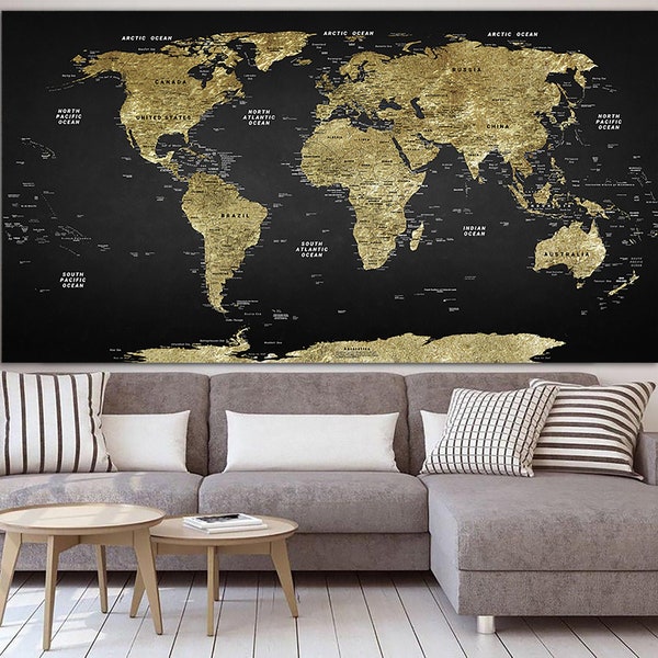 Classic World Map Wall Art Golden Map Of The World Print On Black Canvas Art Wanderlust Map Multi Panel Print for Living Room Wall Decor