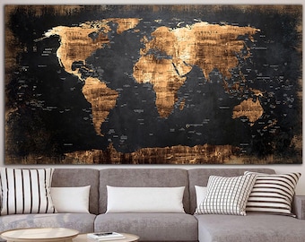 Weltkarte Wandkunst Bronze Karte der Welt Multi Panel Druck auf Leinwand schwarz Hintergrund Geografie Wanddeko für Wohnzimmer Deko