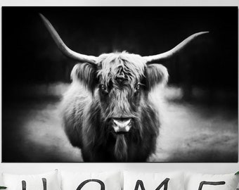 Longhorn Print on Canvas Wall Art Longhorn Cow Wall Art Scotland Cow Poster Multi Panel Wall Art Black and White Print Cattle Animals Art