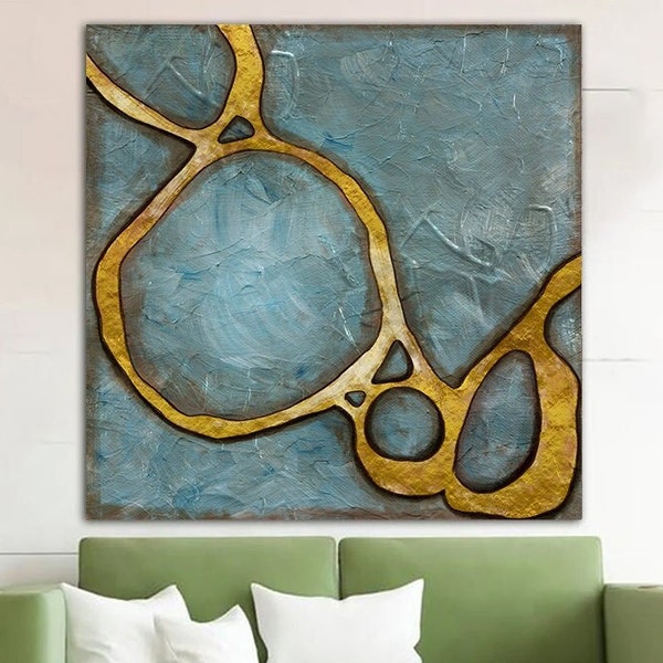 Abstract Blue Print on Canvas Gold Leaf Art Original Modern Wall Hanging Decor Creative Fine Art Textured Print for Indie Room Decor