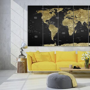 Classic World Map Wall Art Golden Map Of The World Print On Black Canvas Art Wanderlust Map Multi Panel Print for Living Room Wall Decor imagen 3