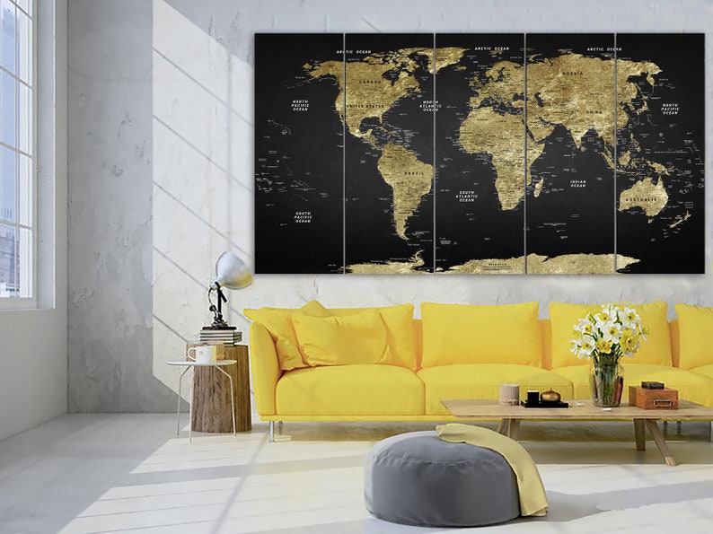 Classic World Map Wall Art Golden Map Of The World Print On Black Canvas Art Wanderlust Map Multi Panel Print for Living Room Wall Decor image 3