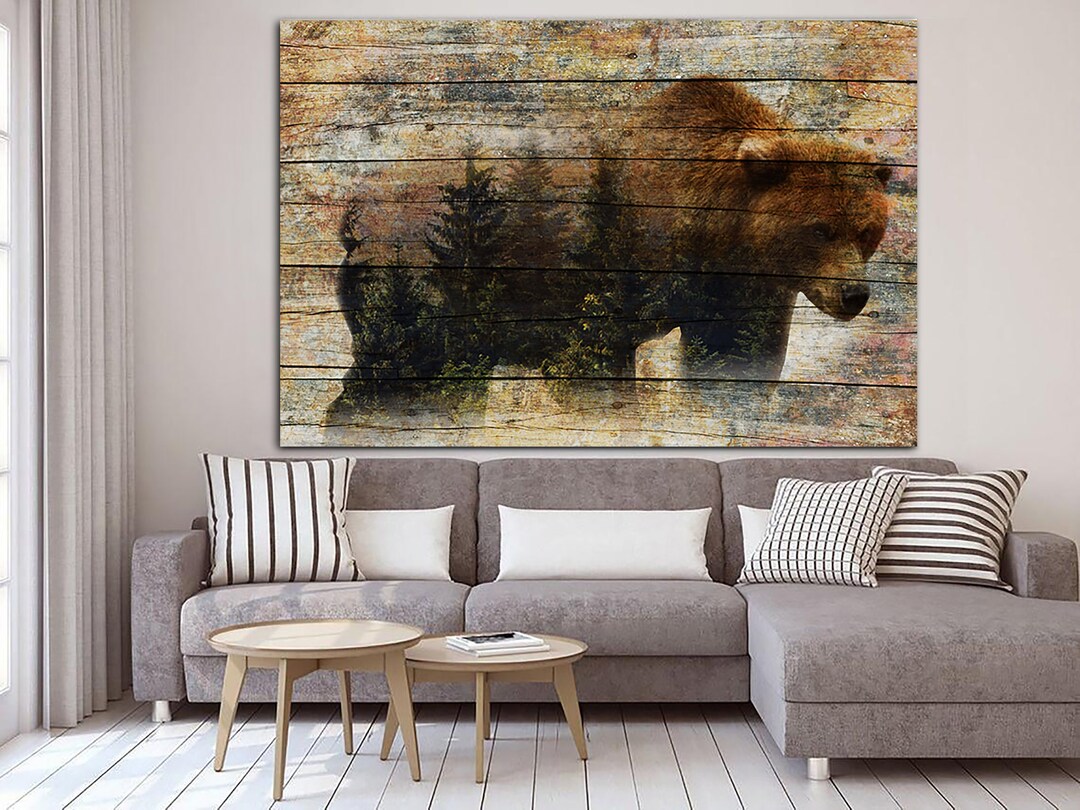 Grizzly Bear Print on Canvas Wild Nature Wall Art Bear Silhouette ...