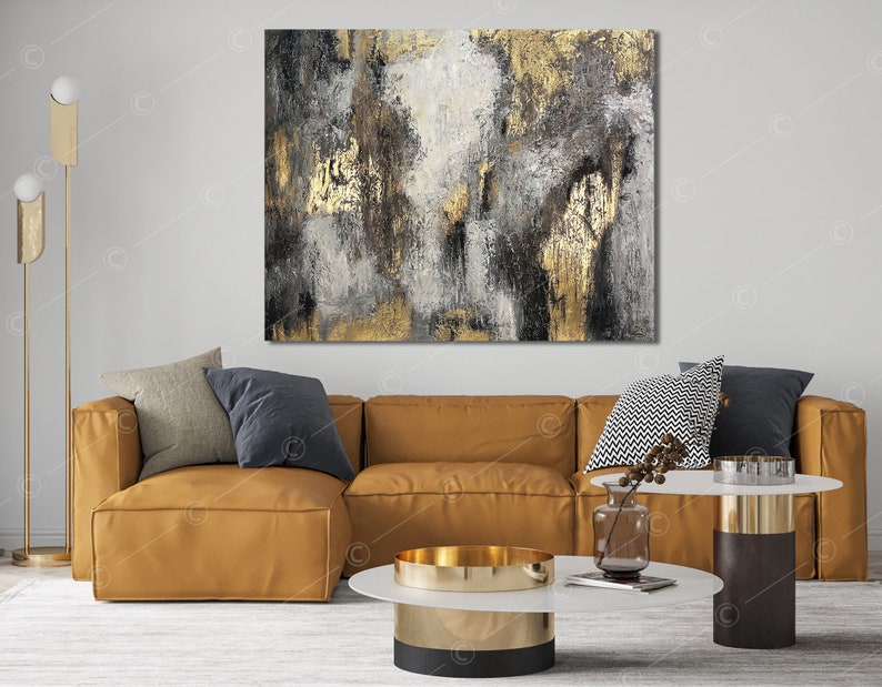 Large Original Abstract Grey and Gold Print on Canvas Modern Etsy