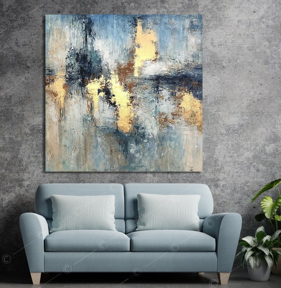 Large Abstract Blue and Gold Print on Canvas Colorful Fine Art Etsy