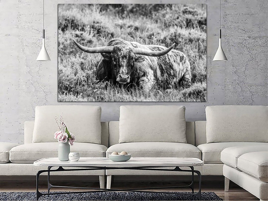 Large Bull Wall Art Black and White Print on Canvas Moving House Gift ...