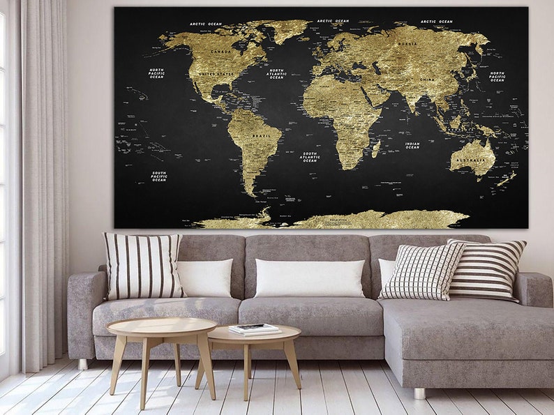 Classic World Map Wall Art Golden Map Of The World Print On Black Canvas Art Wanderlust Map Multi Panel Print for Living Room Wall Decor imagen 1