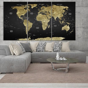 Classic World Map Wall Art Golden Map Of The World Print On Black Canvas Art Wanderlust Map Multi Panel Print for Living Room Wall Decor image 2