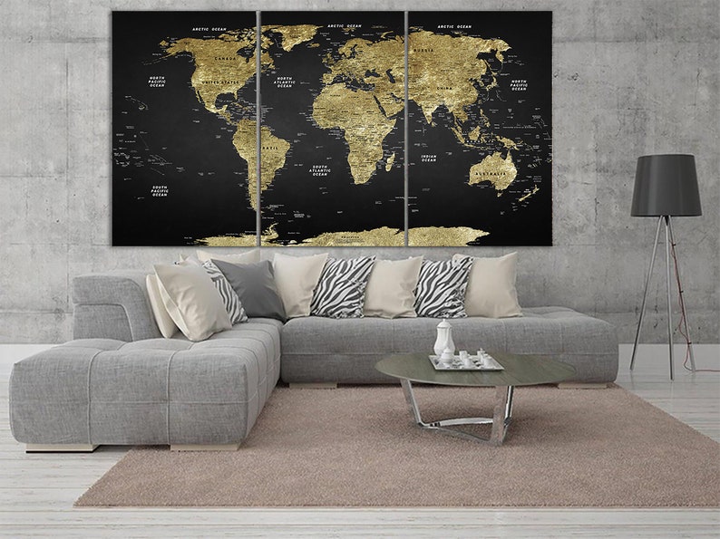 Classic World Map Wall Art Golden Map Of The World Print On Black Canvas Art Wanderlust Map Multi Panel Print for Living Room Wall Decor image 2