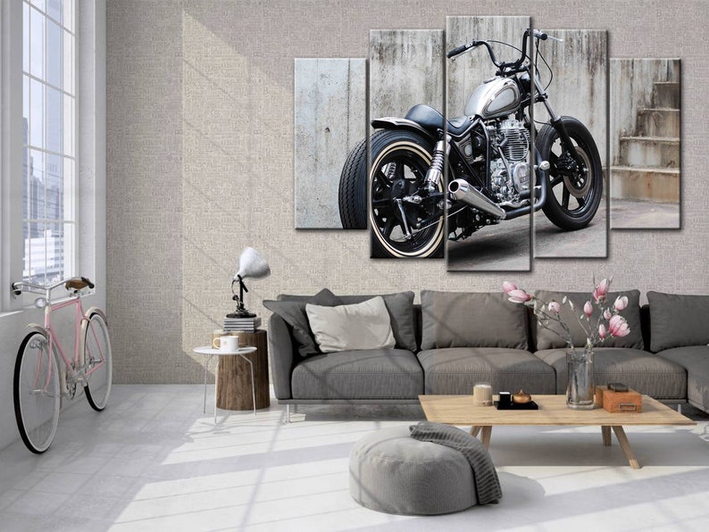 Large Canvas Print Classic Silver Motorbike 5 Panel Canvas Wall Print Classic Motorbike Printable Wall Art Classic Motorcycle Office Decor
