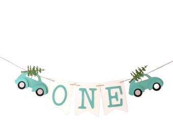 Personalized Rustic Christmas Car Birthday Banner; Christmas Birthday; Blue Car Christmas Tree Banner