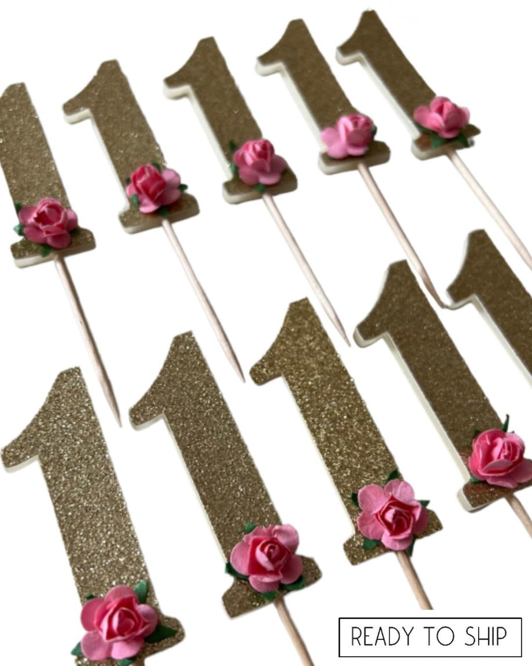 First Birthday Floral Cupcake Toppers Set of 12 Gold Glitter ONE ...