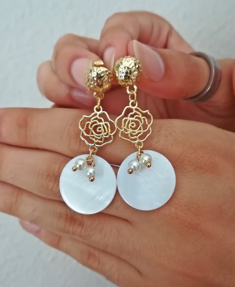 flower earrings Long earrings gold earrings mother-of-pearl earrings