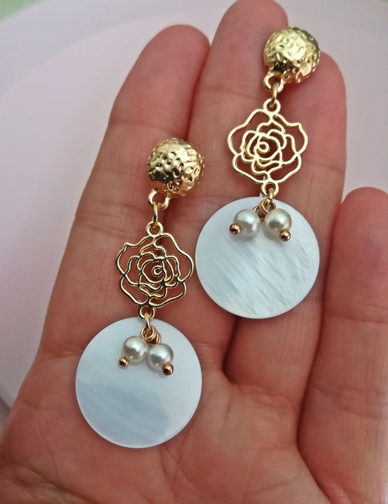 flower earrings Long earrings gold earrings mother-of-pearl earrings