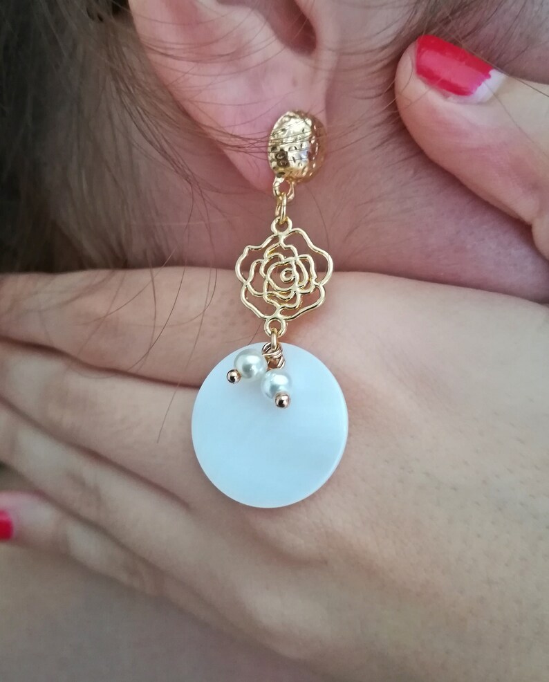 flower earrings Long earrings gold earrings mother-of-pearl earrings