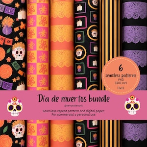 Día de Muertos Seamless Pattern PNG | Mexican Folk Art Sugar Skull & Marigold Floral Design | Commercial Use