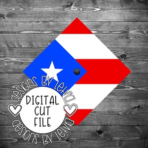 May include: A digital cut file design featuring the Puerto Rican flag in a diamond shape. The flag has a blue triangle with a white star, and red and white stripes. The design includes the text "DIGITAL CUT FILE" and "designs by letvia".