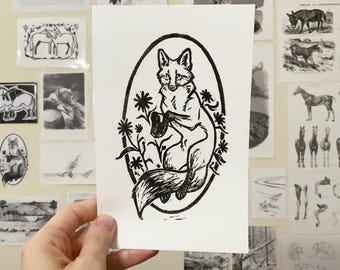 Foxy Flowers Print - Linocut Block Printing