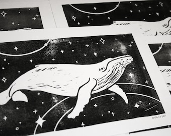 Space Whale Print - Linocut Block Printing