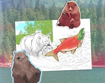 Paquetes de arte de osos - Paquete de regalo de animales - Postales, pegatinas y pines