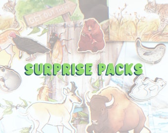 May include: A collection of illustrated animal stickers with the text "Surprise Packs" in green letters. The stickers feature a variety of animals, including a bison, a deer, a bear, a bird, and a seal.