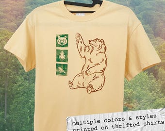 Waving Bear block print upcycled t-shirts