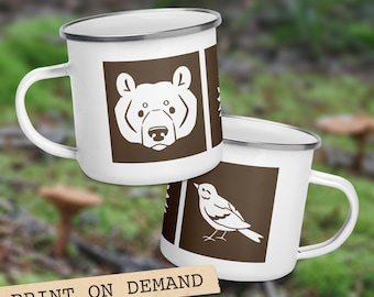 Taza de esmalte con iconos de oso y pájaro - IMPRESIÓN BAJO DEMANDA