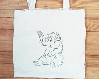 Waving Bear block print canvas tote