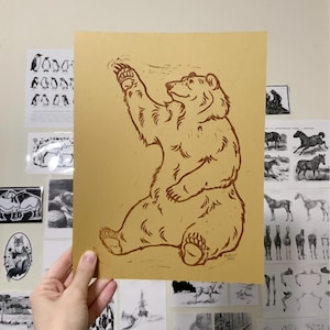 Waving Bear Print - Linocut Block Printing