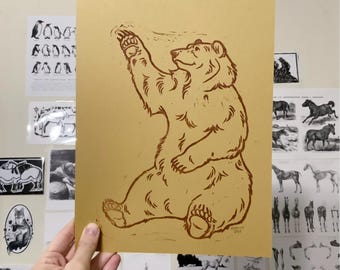 Waving Bear Print - Linocut Block Printing