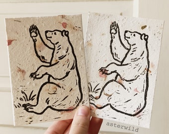 Waving Bear Lino Print - Linocut Block Printing