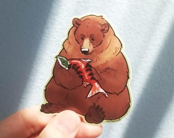 Brown Bear With Salmon Wildlife Vinyl Sticker