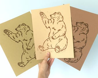 Waving Bear Print - Linocut Block Printing