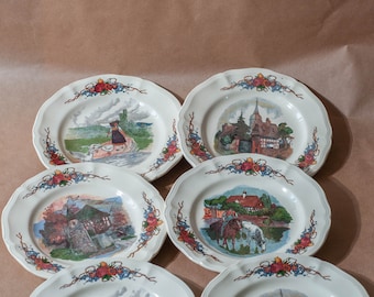 Faïenceries Sarreguemines Obernai France six vintage plates with village scenes made in France, rare assists, table decoration