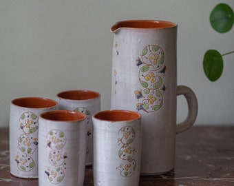 Ceramic pitcher and glass, handmade, ceramic cup, table decoration, vintage, flowers decoration, midcentury, carafe