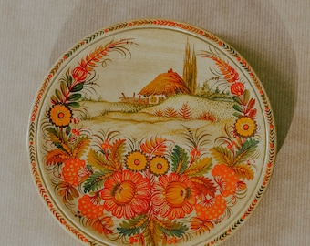 Decorative Wood Plate Traditional Ukrainian Petrykivka, Wooden plate, hand painted, hand made, vintage, flowers, collection plate