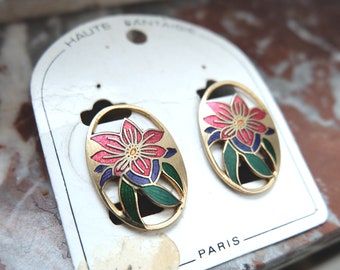 Excellentes boucles d'oreilles Vintag,  Enamel Women Boucles d'oreilles, Floral 1980s,Émail, earrings, made in France, haute fantaisie