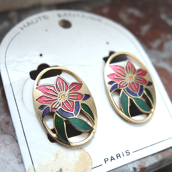 Excellentes boucles d'oreilles Vintag,  Enamel Women Boucles d'oreilles, Floral 1980s,Émail, earrings, made in France, haute fantaisie