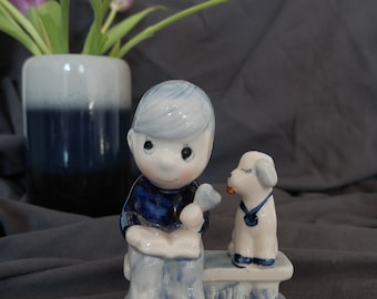 DELFT figurine boy and a dog, blue and white earthenware, Hand painted, Delft blue color, gift for child, decoration, gift idea