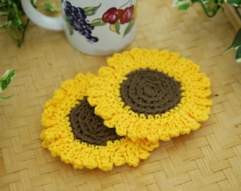 Crochet Sunflower Coasters: Cotton Coffee Mug Coaster Set