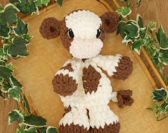 Crochet Cow Lovey: Handmade Brown and cream cow, farm animal gift