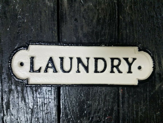 Vintage Aged Victorian Black White CAST IRON Sign Laundry Plaque