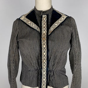 Antique Edwardian 1900s 1910s Black and White Striped Bodice with Velvet and Lace Detailing | Size Small | As is