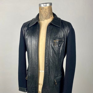 Vintage 1970s 70s Studio Holt Renfrew Black Leather and Knit Sleeves Jacket | Women&#39;s Size Large | Men&#39;s Size Medium