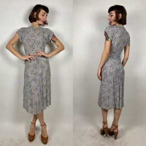 1940s Navy and White Rayon Novelty Print Spades Playing Card Dress | As Is